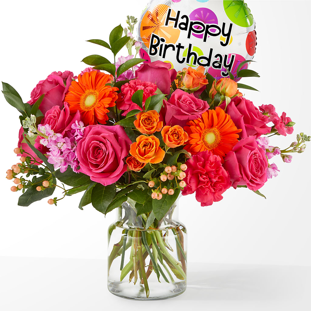 Fiesta Bouquet with Birthday Balloon – ADAM & EVE FLOWERS & BALLOONS, Lafayette IN