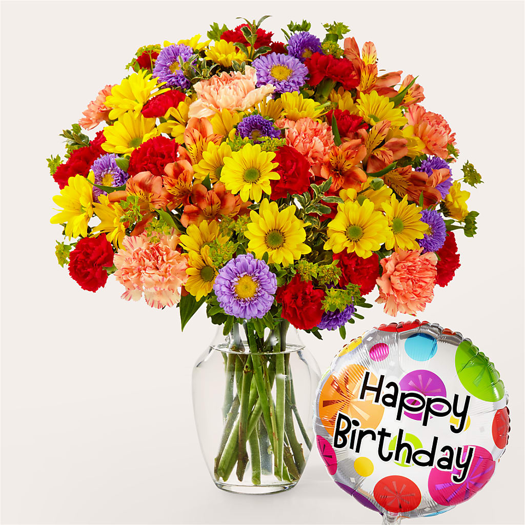 Kaleidoscope Bouquet with Birthday Balloon – ADAM & EVE FLOWERS & BALLOONS, Lafayette IN