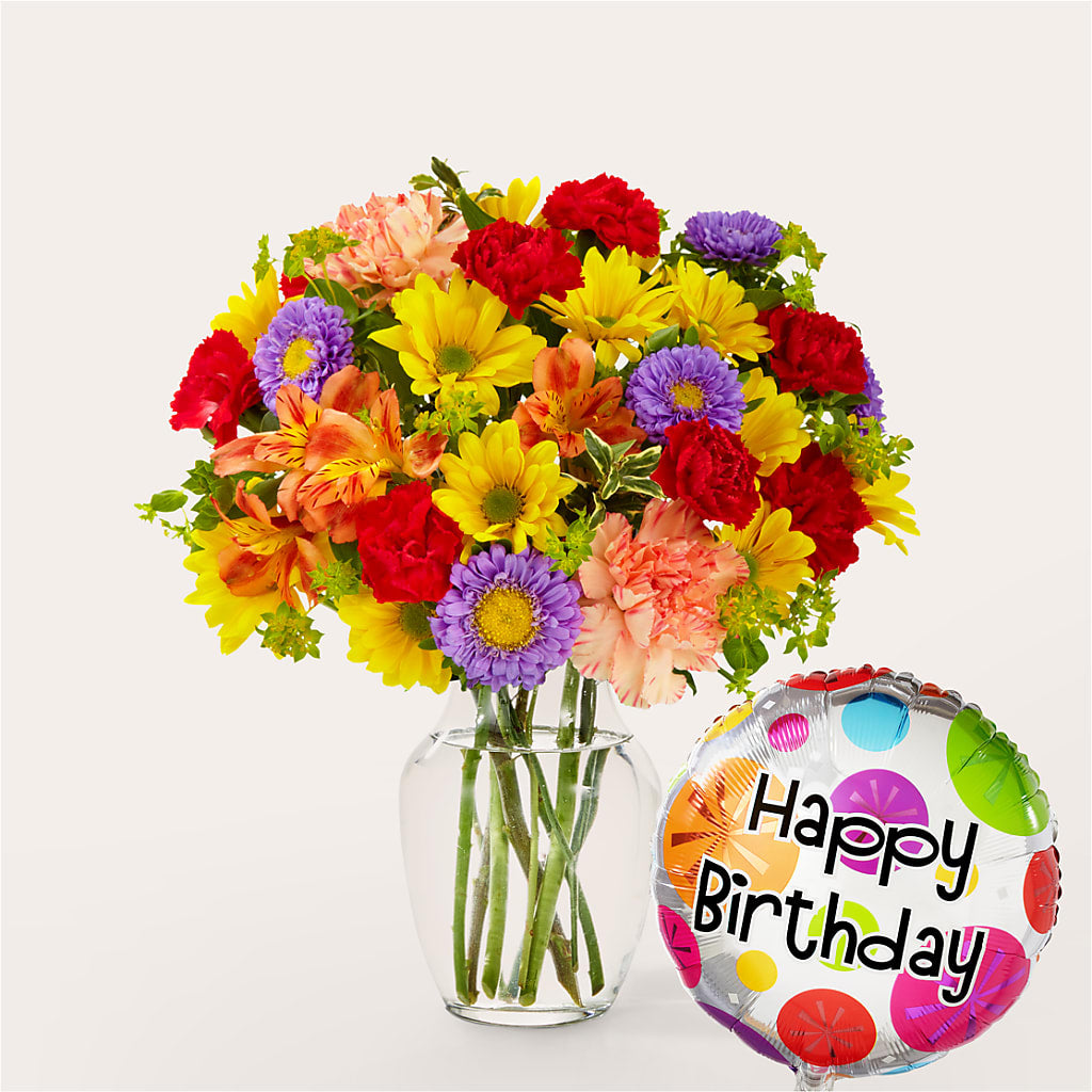 Kaleidoscope Bouquet with Birthday Balloon – ADAM & EVE FLOWERS & BALLOONS, Lafayette IN