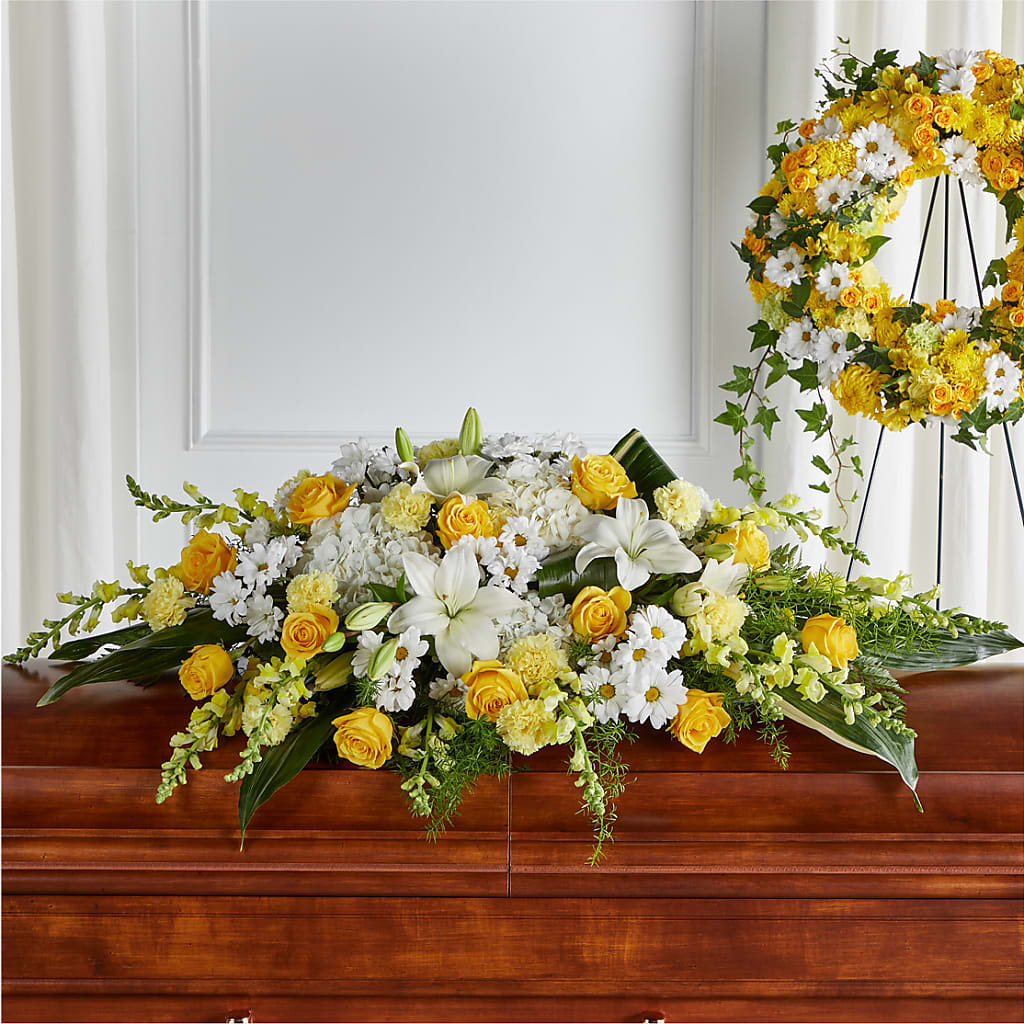 Golden Harmony Casket Spray – ADAM & EVE FLOWERS & BALLOONS, Lafayette IN