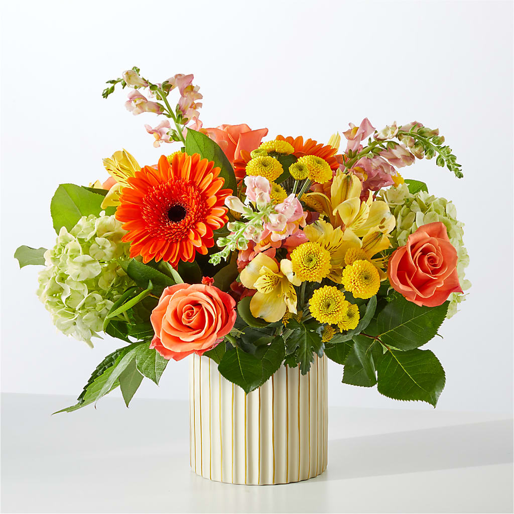 Autumn Sunshine Bouquet with Ivory Vase – ADAM & EVE FLOWERS & BALLOONS, Lafayette IN